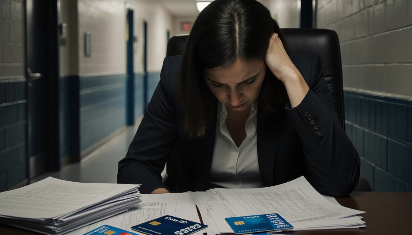 Woman in business attire bows her head at a desk with scattered credit cards and financial documents showing accountability