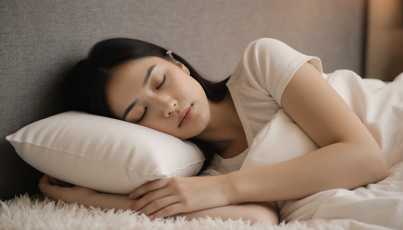 Side‑sleeper woman rests on a Boop Hugging Pillow with warm light and a soft rug in the background.