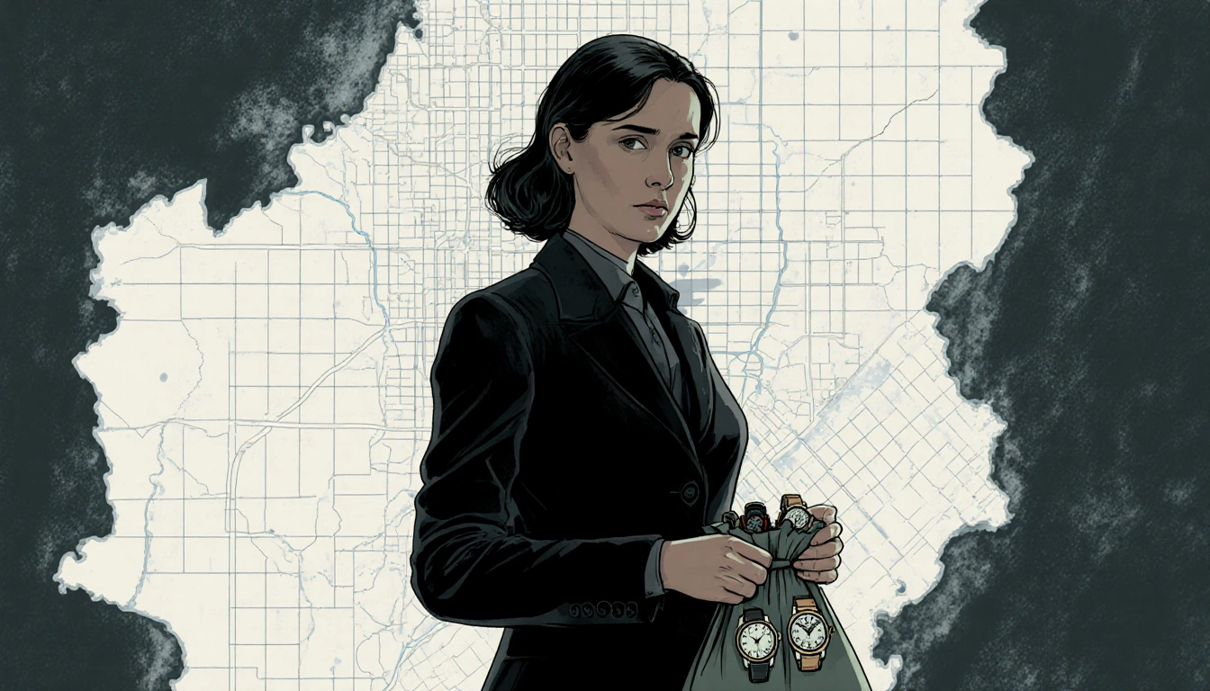 Woman standing beside city map highlighting heist area with dark clothes holding a bag of watches