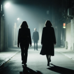 Two women walking down a dim alley with faint neon streetlights and a motionless suspect in dark clothing behind them