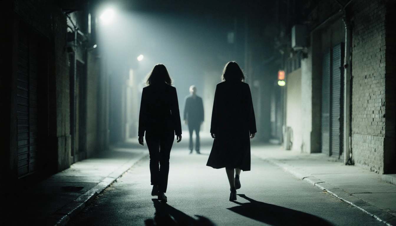 Two women walking down a dim alley with faint neon streetlights and a motionless suspect in dark clothing behind them