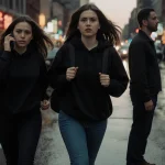 Two women walking away from a lone man with neon signs reflecting off wet urban pavement.