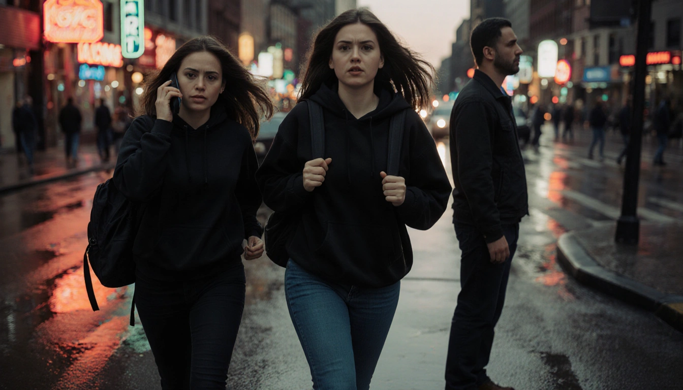 Two women walking away from a lone man with neon signs reflecting off wet urban pavement.