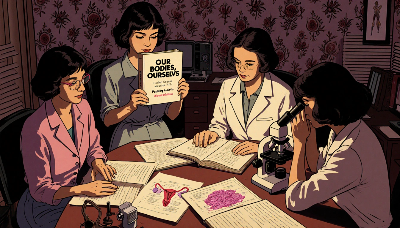 Women gather around table with 1970 medical book and microscope in dimly lit 1970s study.