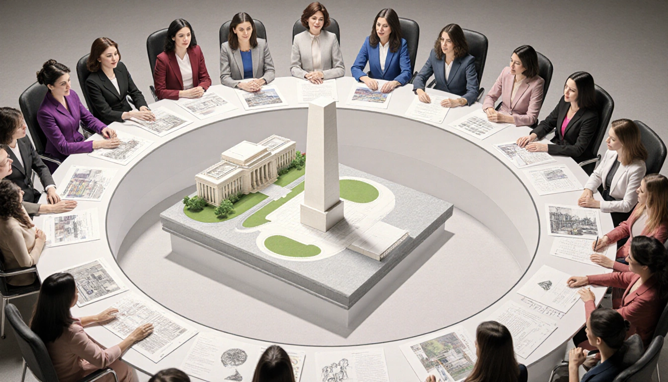 Diverse women collaborating around a circular table with a scale model of the suffrage monument and design sketches