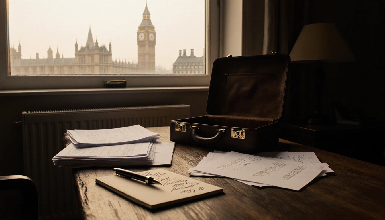 Worn wooden desk holds stack of papers and an open leather briefcase with pen and scribbled notepad with foggy London citysca