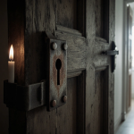 Wooden door opens slightly revealing dim hallway with flickering candle flame near keyhole and faint film reel behind.