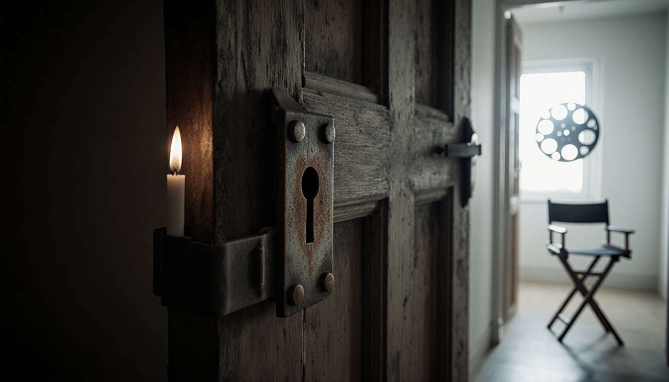 Wooden door opens slightly revealing dim hallway with flickering candle flame near keyhole and faint film reel behind.