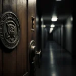 Door glows with faint light from keyhole and faded government seal in dim hallway background