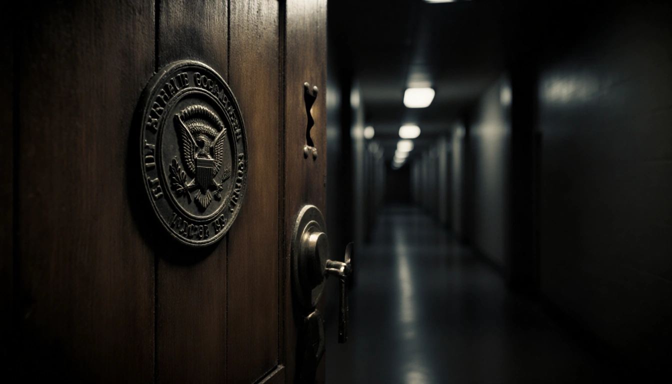 Door glows with faint light from keyhole and faded government seal in dim hallway background