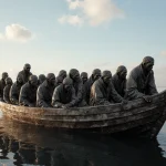 Wooden raft bobbing on calm waters with 140 weary but determined figures huddled together