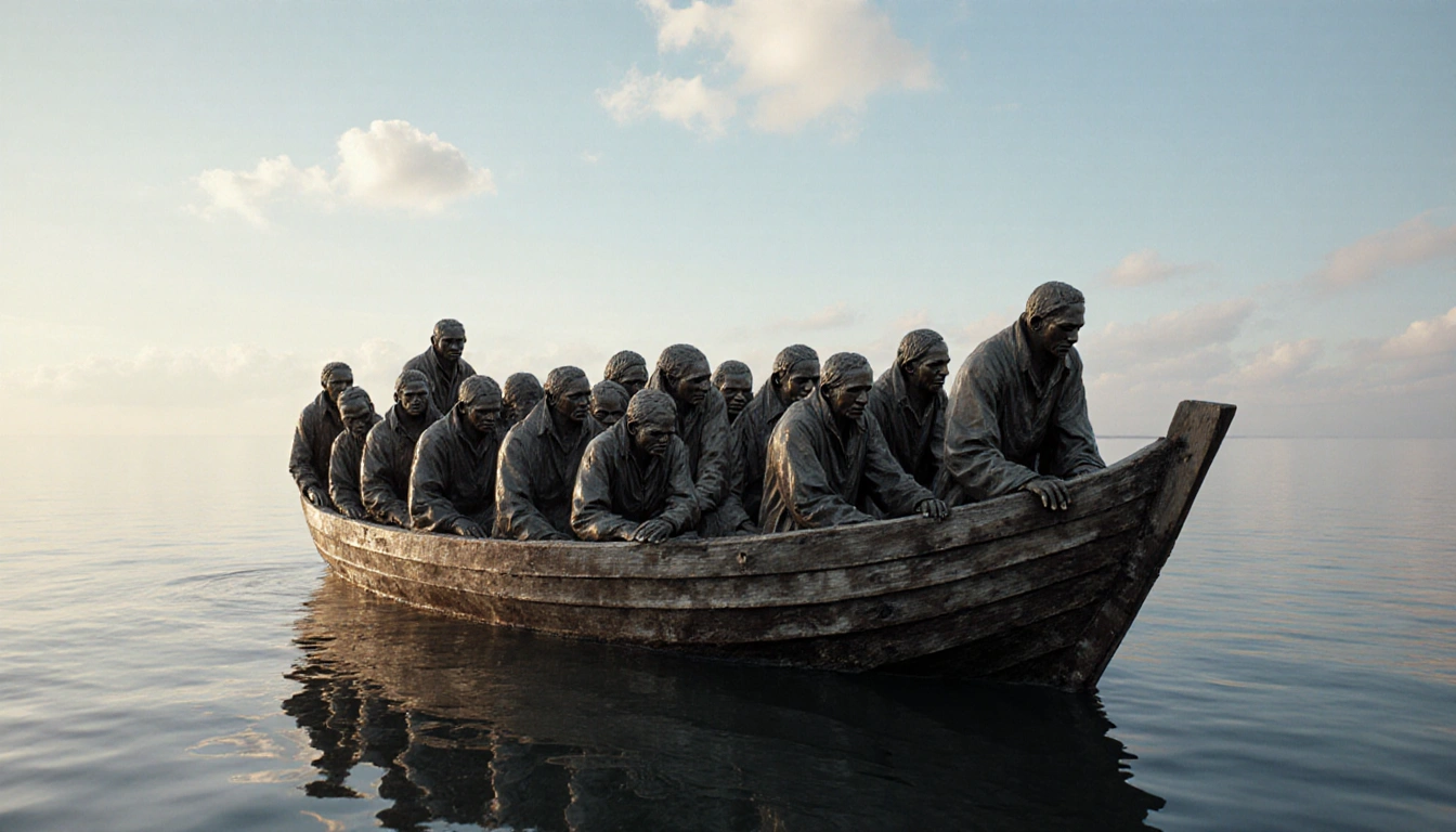 Wooden raft bobbing on calm waters with 140 weary but determined figures huddled together