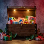 Toy chest emits warm glow with colorful wrapped gifts and holly leaves scattered nearby