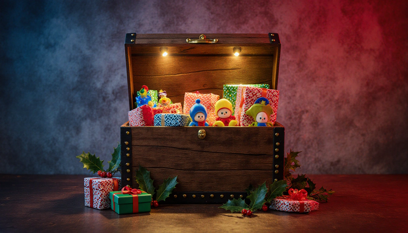 Toy chest emits warm glow with colorful wrapped gifts and holly leaves scattered nearby