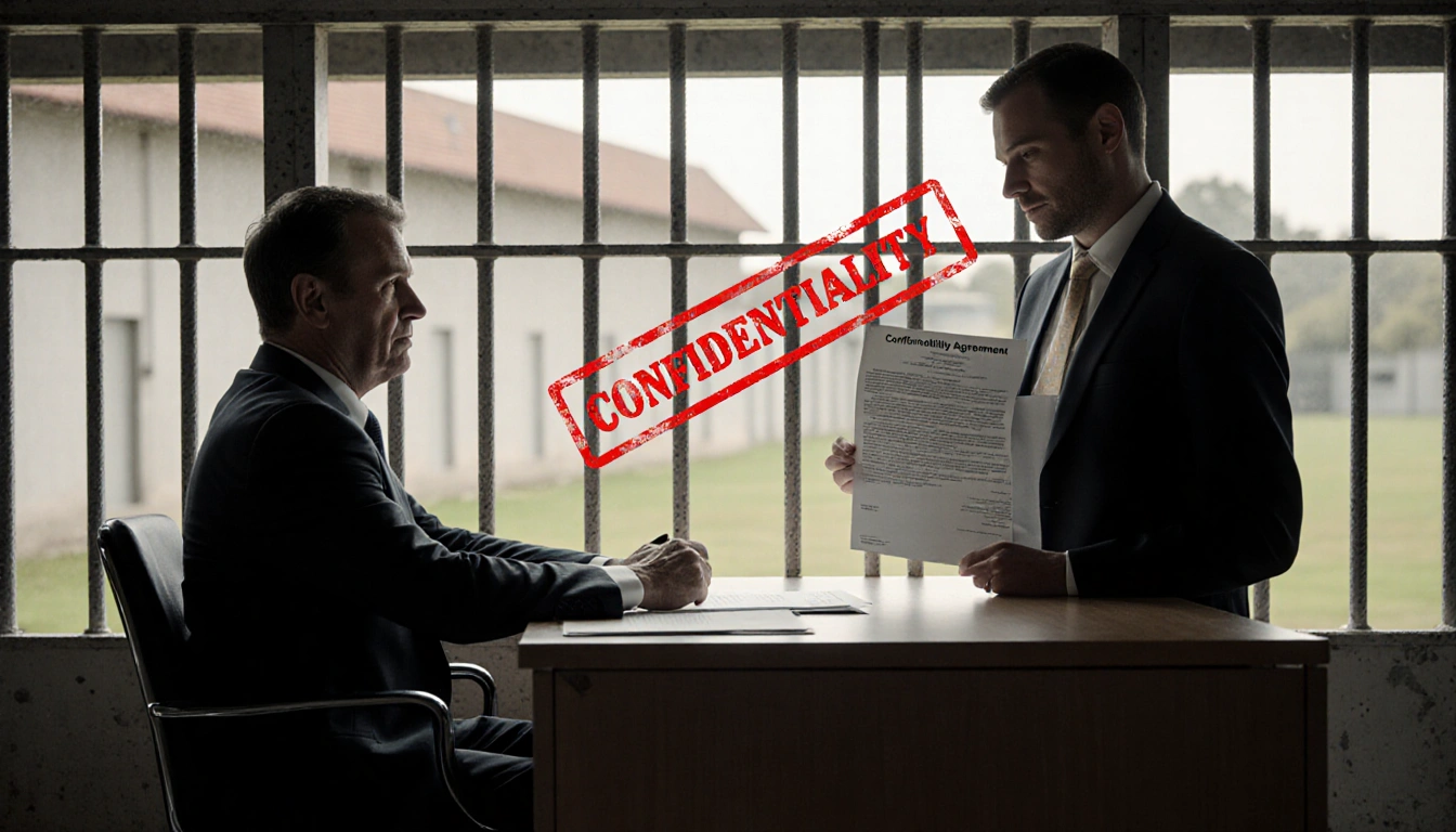 Epstein sits behind desk with suit and teammate holding document with red confidentiality stamp and prison yard background