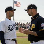 Tarik Skubal and Paul Skenes pitchers converse on sunny baseball field with fans watching and flag waving