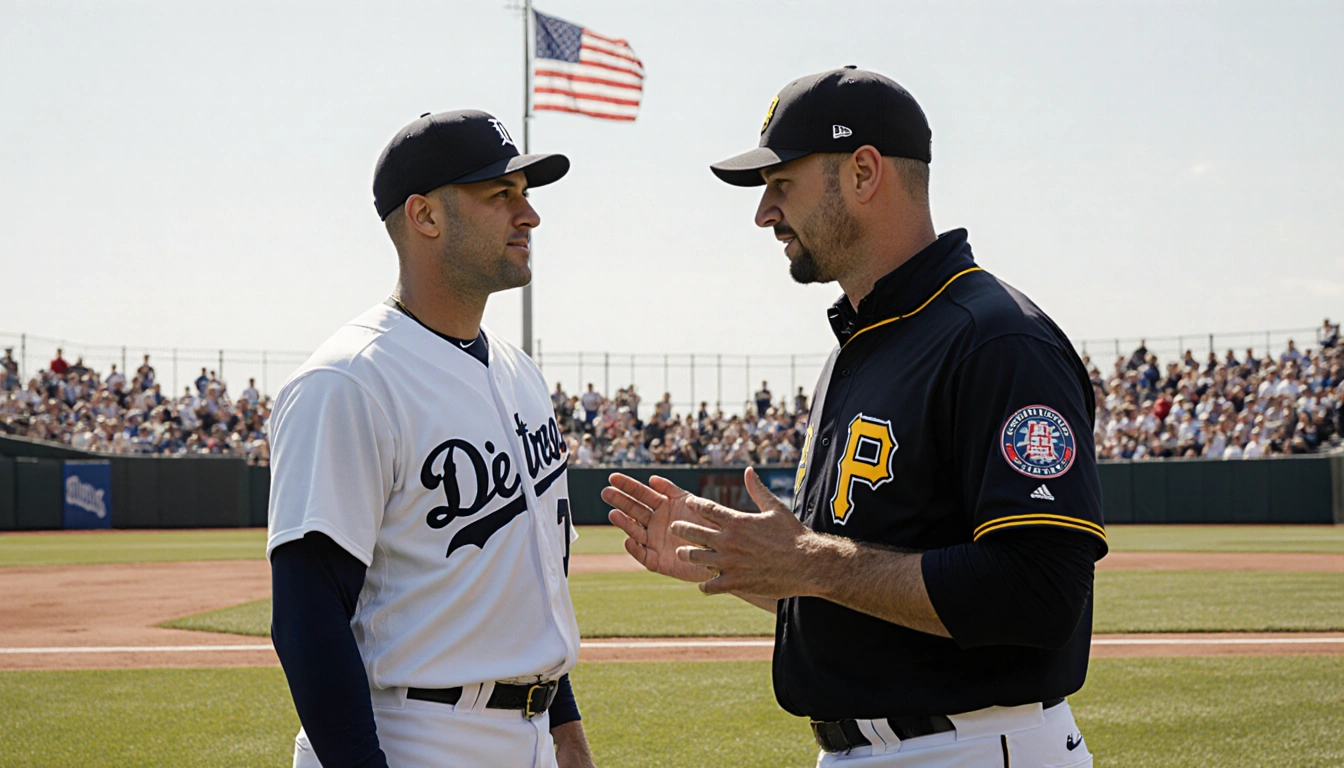 Tarik Skubal and Paul Skenes pitchers converse on sunny baseball field with fans watching and flag waving