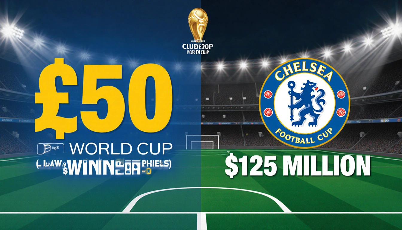 Illustration split into two halves showing $50M World Cup prize and $125M Chelsea payout with football stadium backdrop.