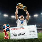 Football player holding World Cup trophy with green grass stadium lights and a giant $50 million check nearby
