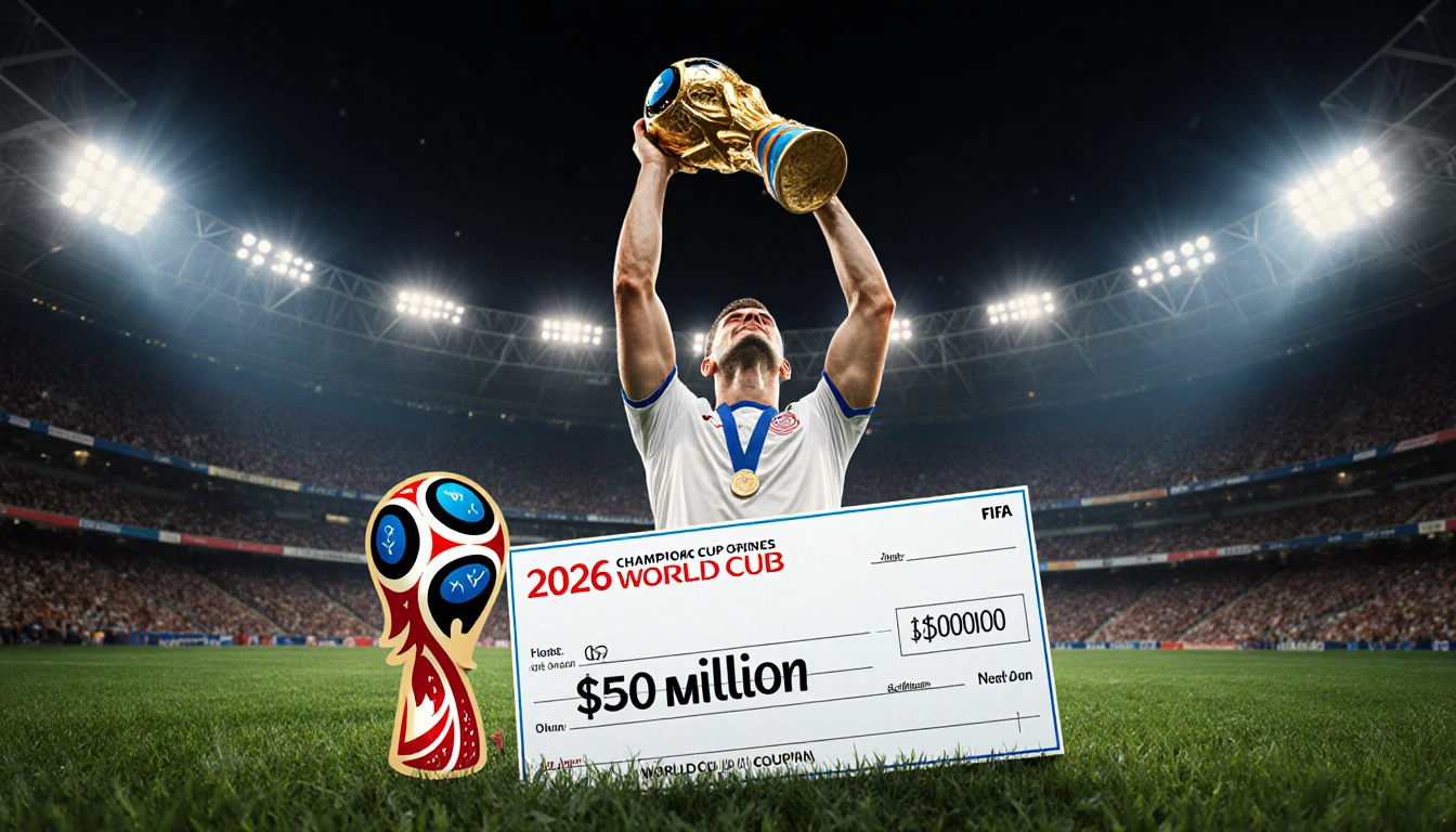 Football player holding World Cup trophy with green grass stadium lights and a giant $50 million check nearby