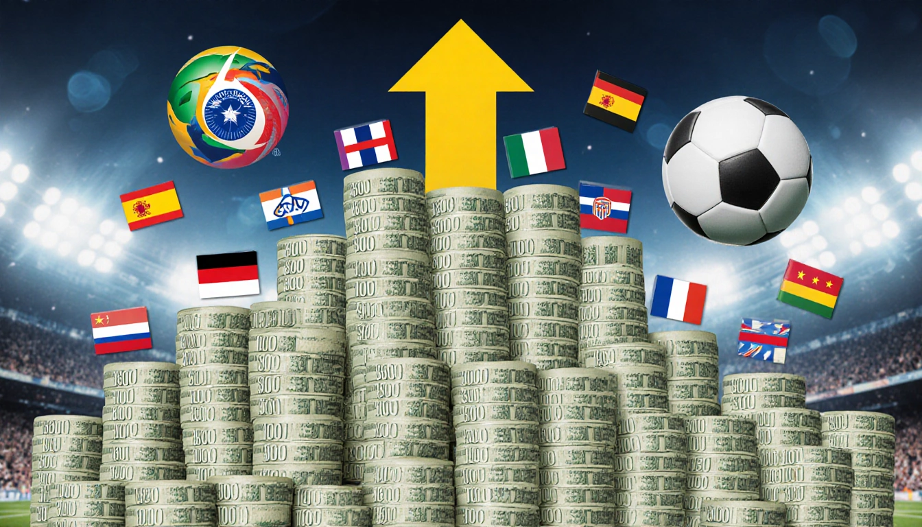 Overflowing stack of $100 bills with World Cup logos and flags rises under a bold upward arrow against a blurred stadium back