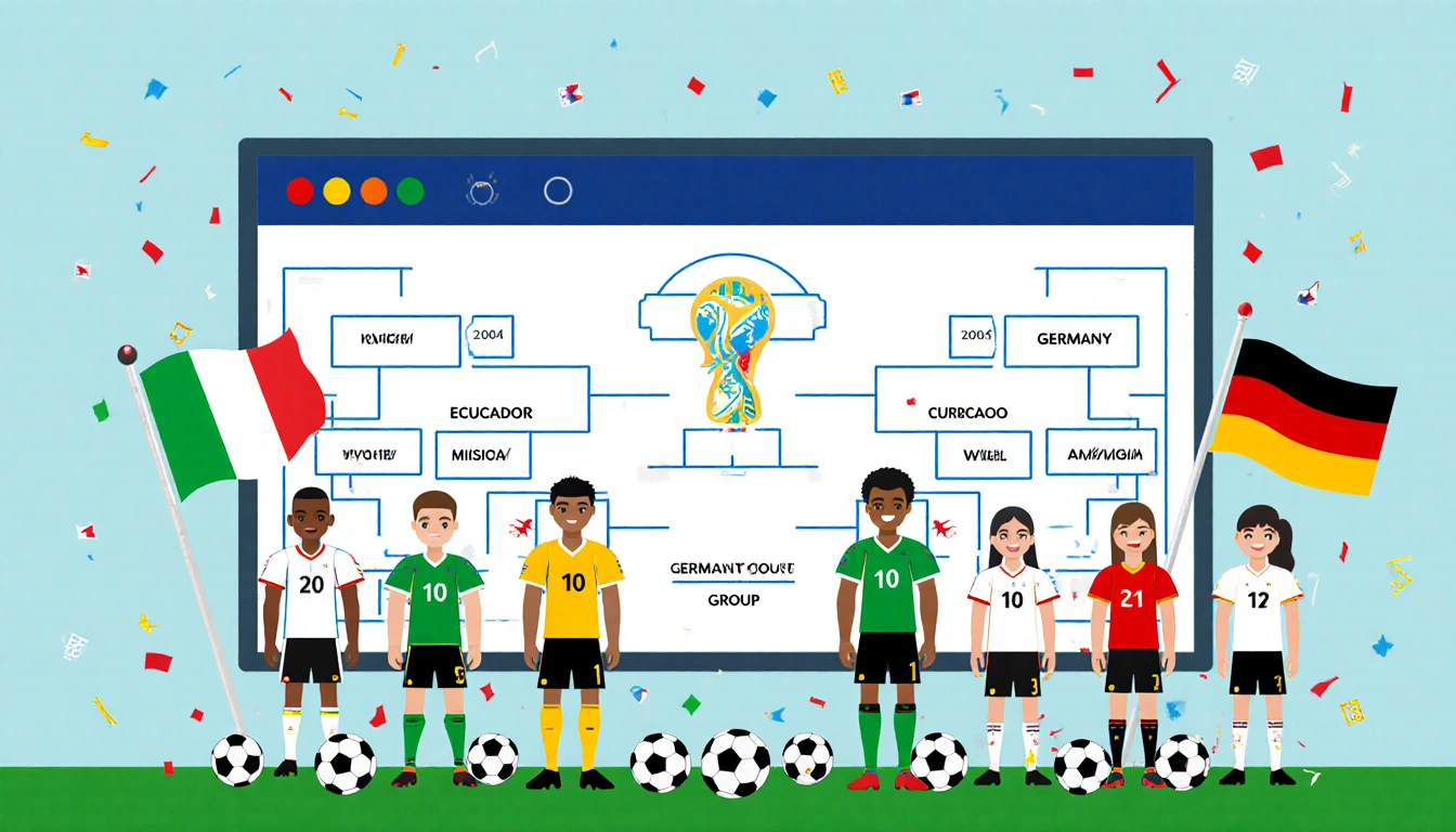 Ivory Coast and German teams stand before screen showing draw table with Ecuador and Curacao with flags and footballs around