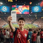Young fan holds $60 ticket stub with excited smile amid stadium crowd and giant screens