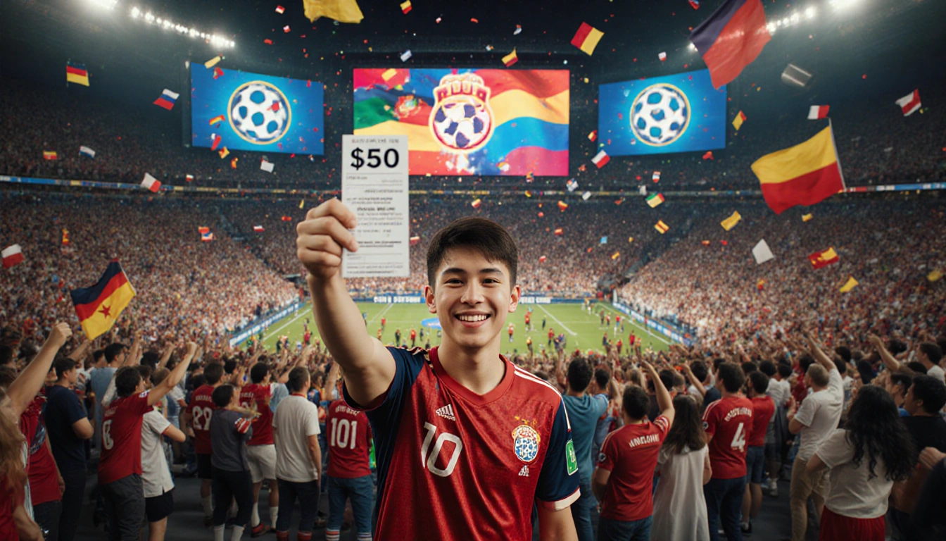 Young fan holds $60 ticket stub with excited smile amid stadium crowd and giant screens
