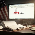 Clipboard showing papers spilling out on a cluttered desk with a faded flag and dollar bills nearby