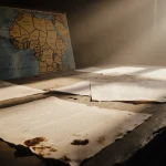 Worn wooden table holding scattered parchments with coffee stains and a torn South Sudan map in soft golden light