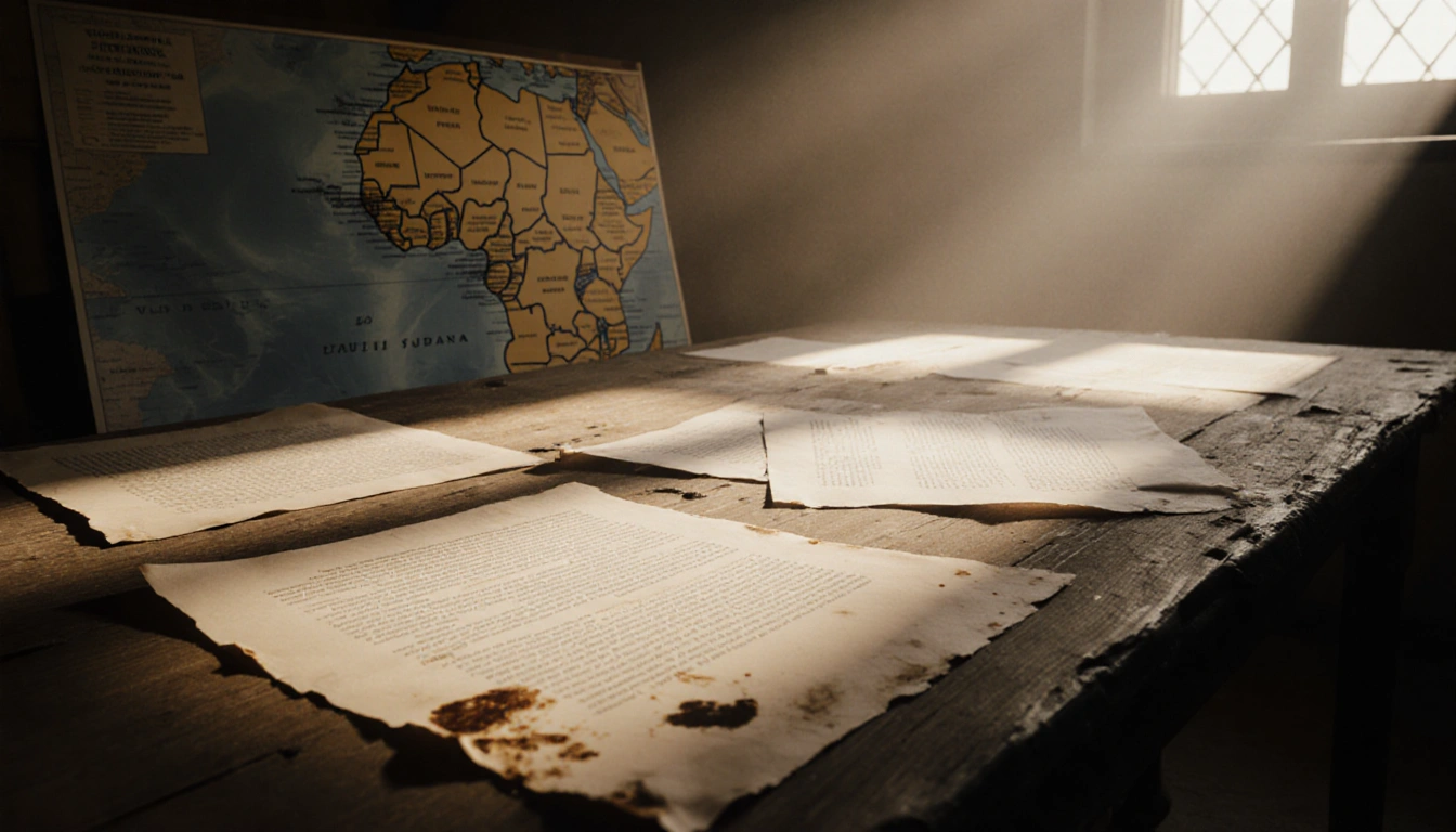 Worn wooden table holding scattered parchments with coffee stains and a torn South Sudan map in soft golden light