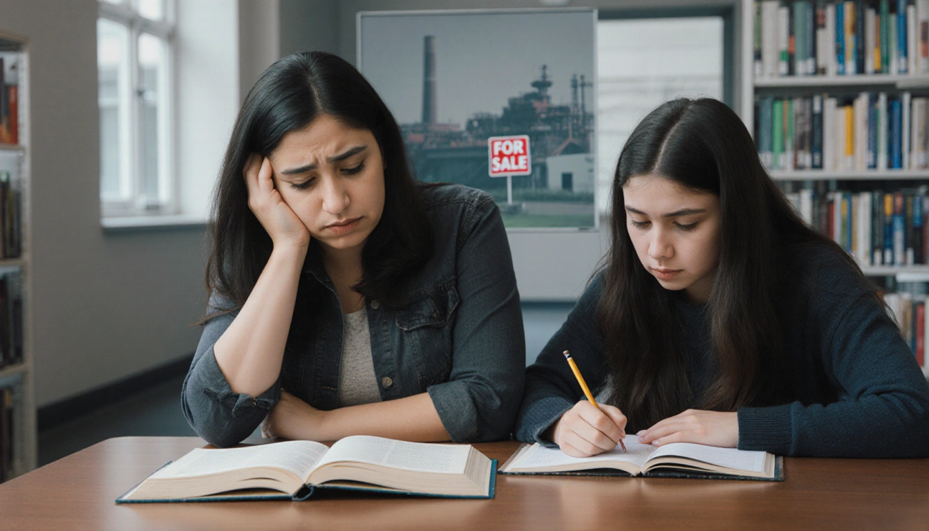 Mother Alejandra sits in campus library with daughter Kimberly studying open textbook on table and faint 'For Sale' sign