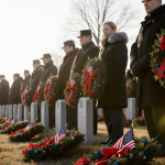 Volunteer in winter attire gently lays wreath at base of headstone with warm sun glow and wreaths on nearby markers