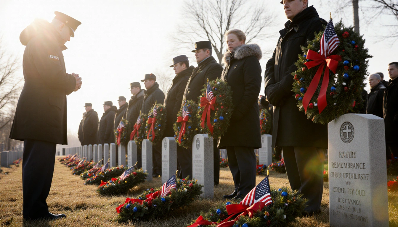 Volunteer in winter attire gently lays wreath at base of headstone with warm sun glow and wreaths on nearby markers
