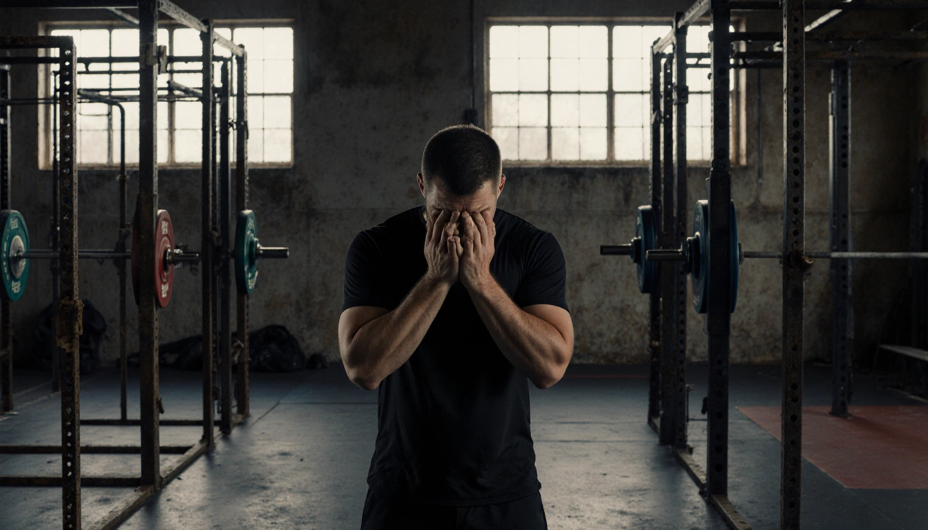Manns covers face with puzzled expression in wrestling room with rusty bars and bright window showing confusion after news.