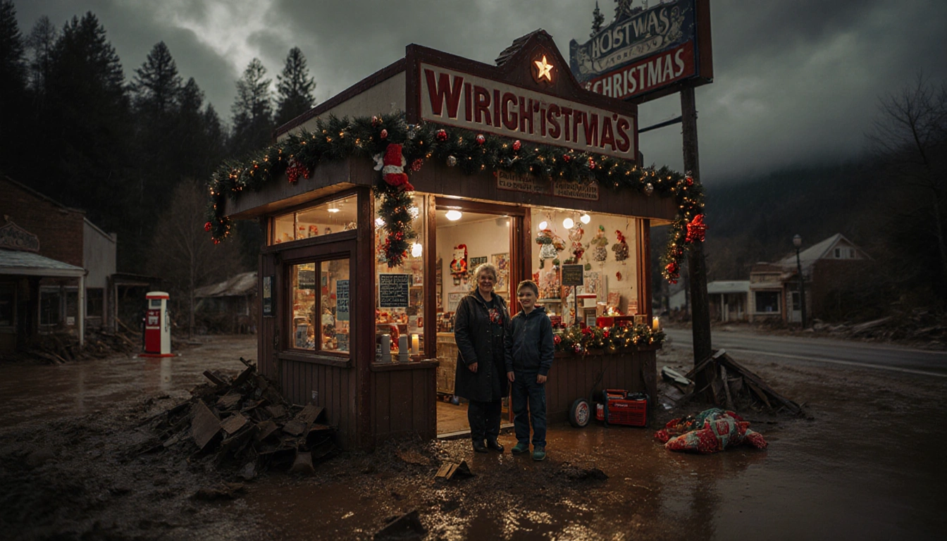 Jill Jenkins and her grandson Hunter Lopiccolo share moment inside coffee shop with Christmas lights warmly lighting post-sto
