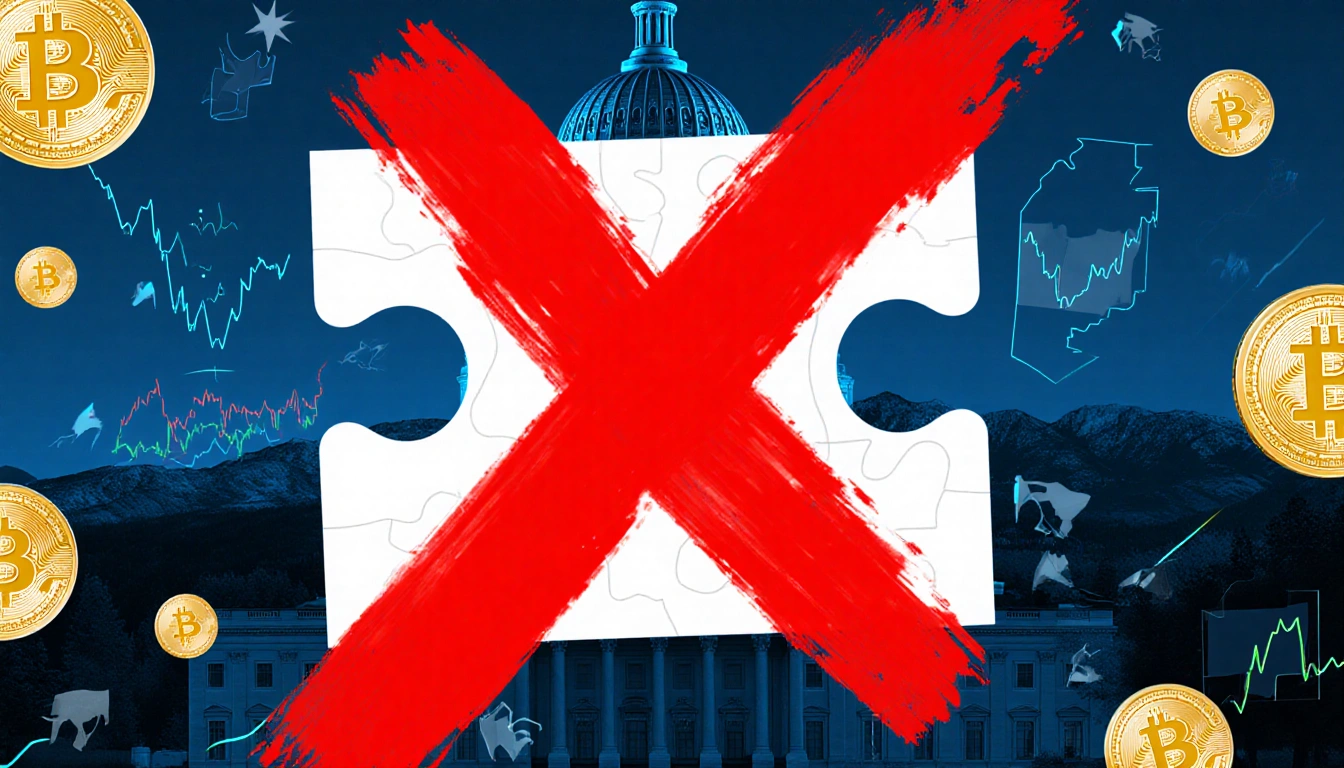 Puzzle piece for Wyoming Senate seat crossed out with red X surrounded by digital asset graphics and Wyoming landscape