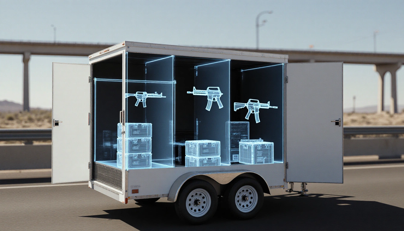X-ray scan reveals a white-box trailer with false walls and hidden firearms near a blurred bridge.