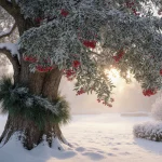 Yaupon Holly tree standing proudly with frost‑glinting green leaves and bright red berries in a snow‑covered garden