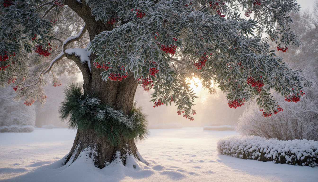 Yaupon Holly tree standing proudly with frost‑glinting green leaves and bright red berries in a snow‑covered garden