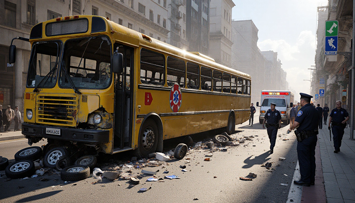 Overturned yellow bus lies on its side with police and ambulances transporting victims nearby