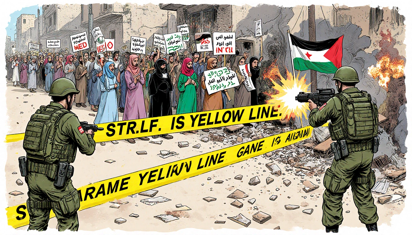 Israeli soldiers firing at Palestinian protesters in Gaza with yellow line and airstrike debris