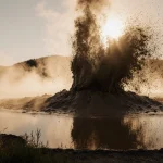 Muddy plume erupting from Yellowstone pool with golden dawn light and lush green edges.