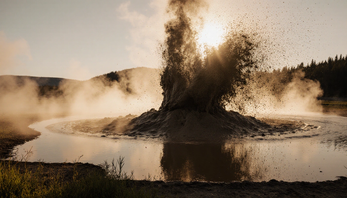 Muddy plume erupting from Yellowstone pool with golden dawn light and lush green edges.