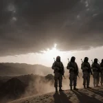 Saudi soldiers standing at attention with desert sand and dawn mist in foreground