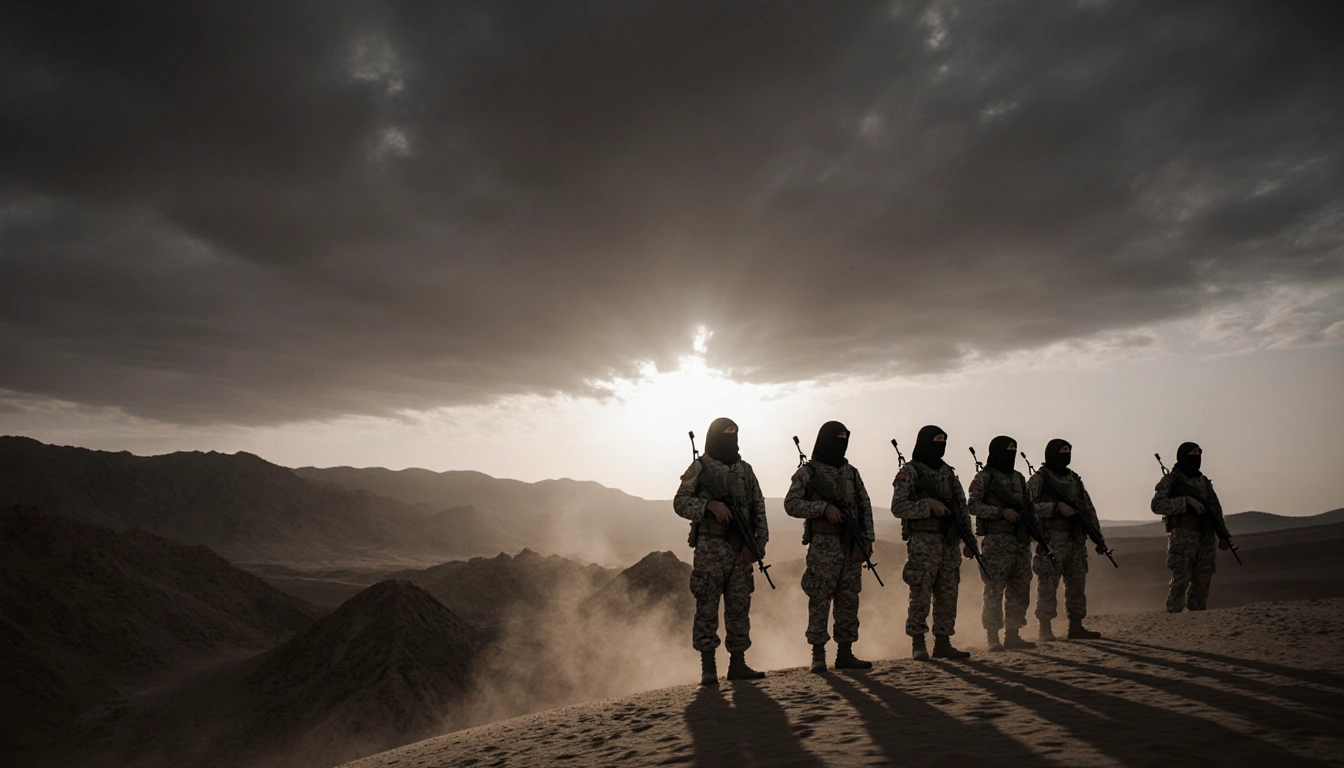 Saudi soldiers standing at attention with desert sand and dawn mist in foreground