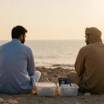 Two leaders sit side by side with ID documents between them on a rocky beach at sunset with Yemeni and Houthi outfits UN flag