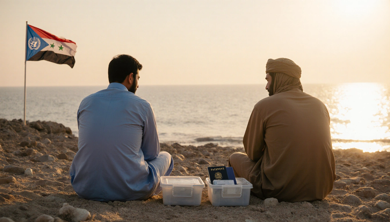 Two leaders sit side by side with ID documents between them on a rocky beach at sunset with Yemeni and Houthi outfits UN flag