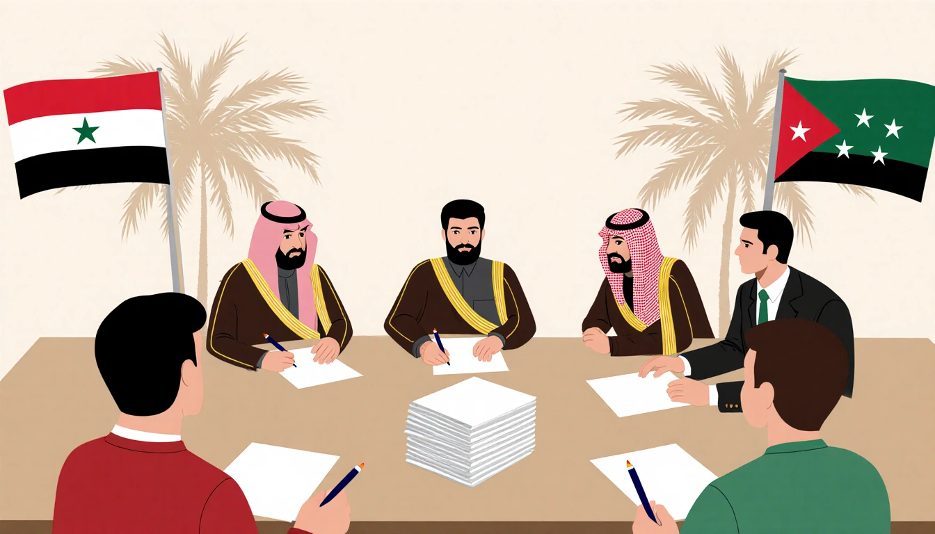 Group of negotiators exchanging papers with Yemen Saudi Sudan flags and palms in background, humanitarian focus.