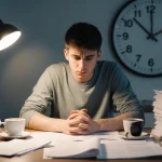 Young adult sits at kitchen table with wage garnishment debt and hands clasped in desperation as lamp shadows clock face